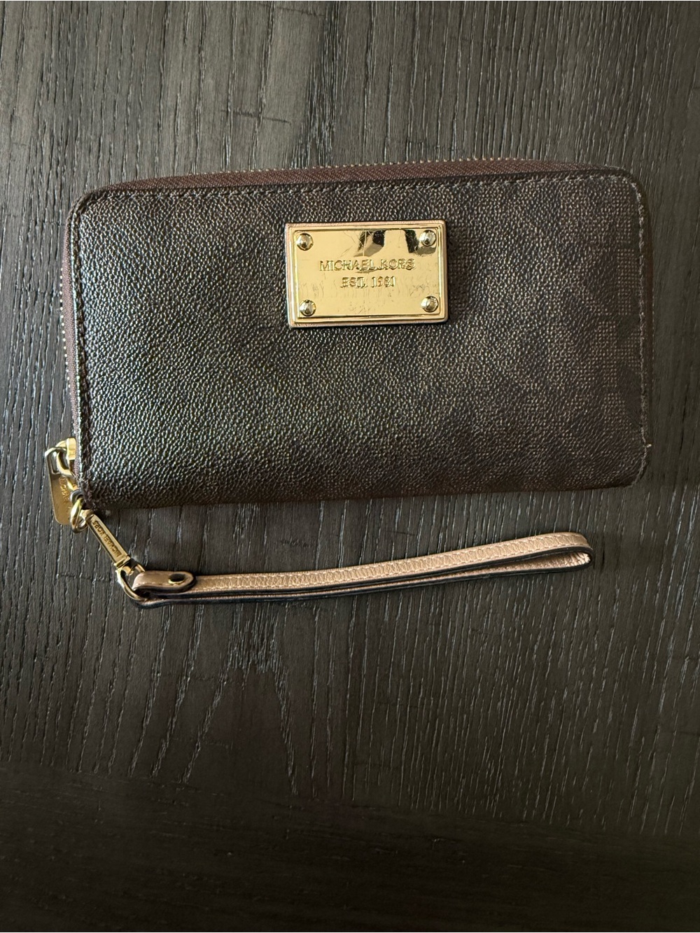 Michael Kors Brown Leather Zip Wristlet with Gold Plaque